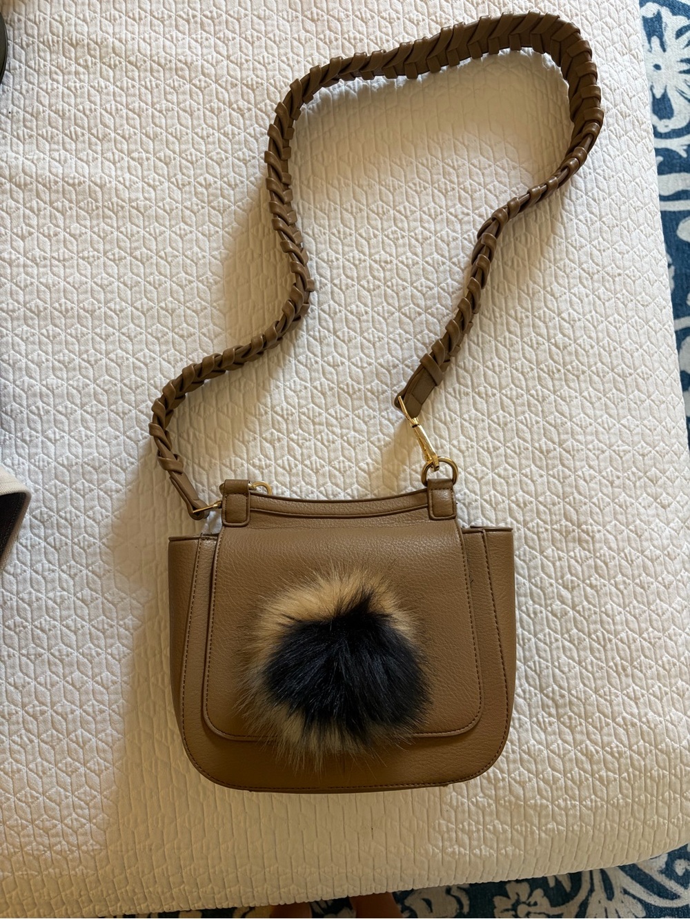 Women’s Tan Leather Crossbody Bag with Black & Tan Fur Pom